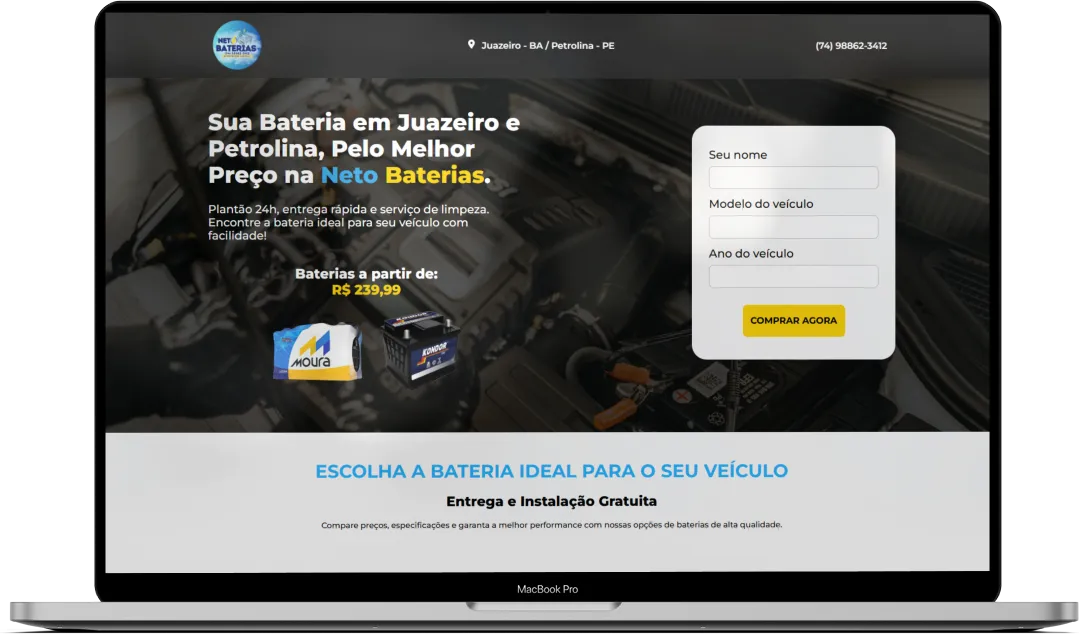 Site Neto Baterias exibido em dispositivos